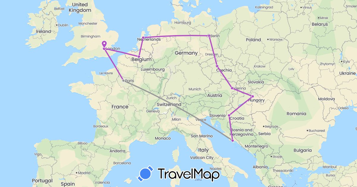 TravelMap itinerary: driving, plane, train in Austria, Belgium, Czech Republic, Germany, France, United Kingdom, Croatia, Hungary, Netherlands (Europe)